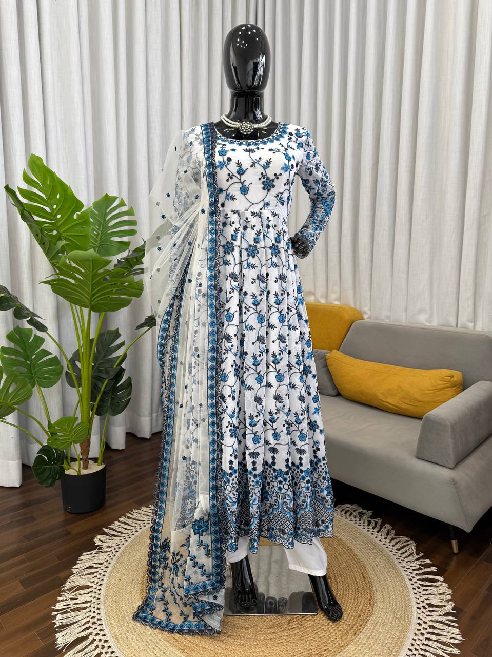 Blue And White Color Printed Anarkali Gown