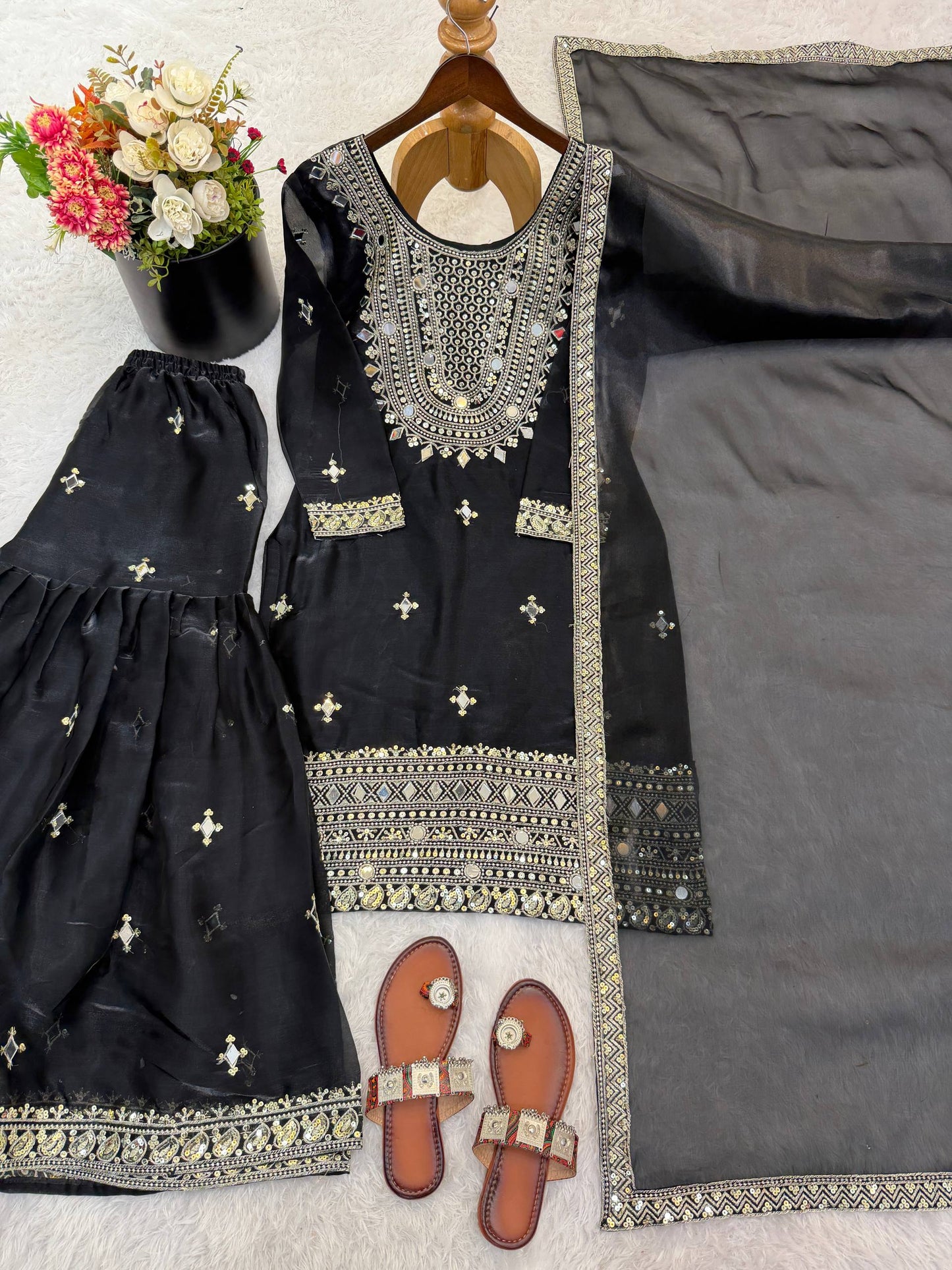 Midnight Black GMY Silk Embroidered Sharara Set with Mirror Work and Lace Border Dupatta