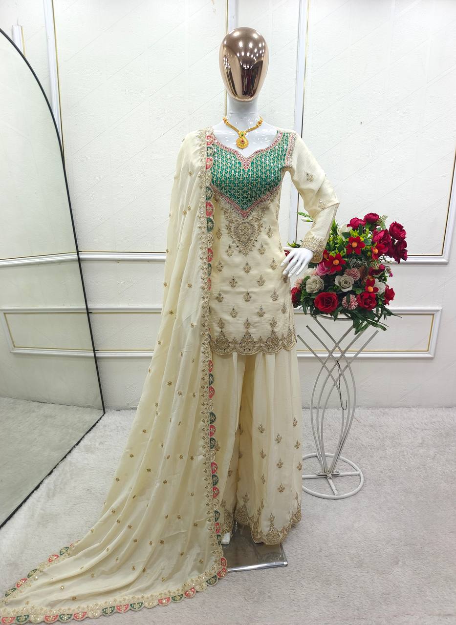 Zareen Cream Chinon Silk Embroidered Sharara Suit Set with Mirror Work Dupatta