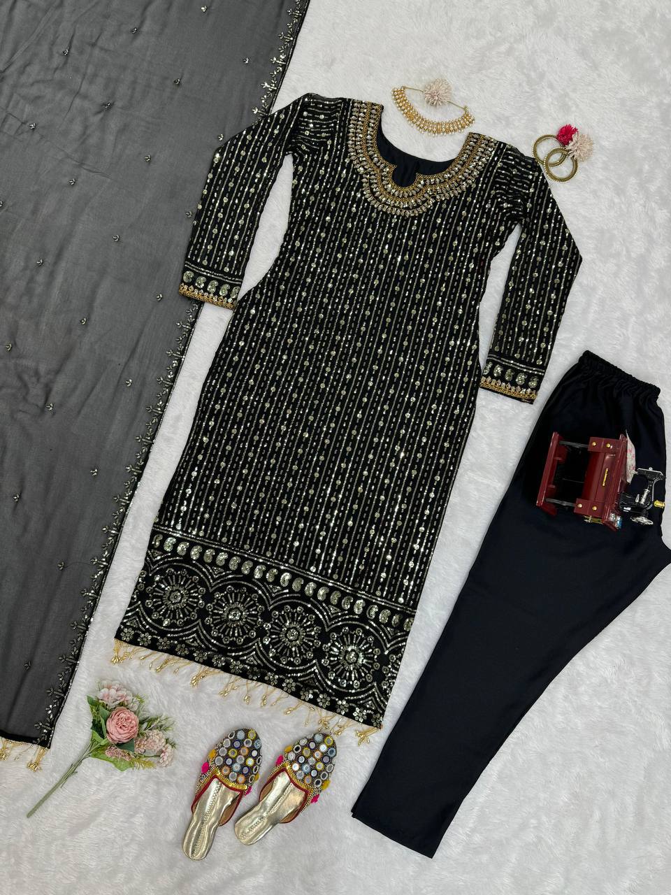Black Faux Georgette Mirror Work Top with Pant and Embroidered Dupatta