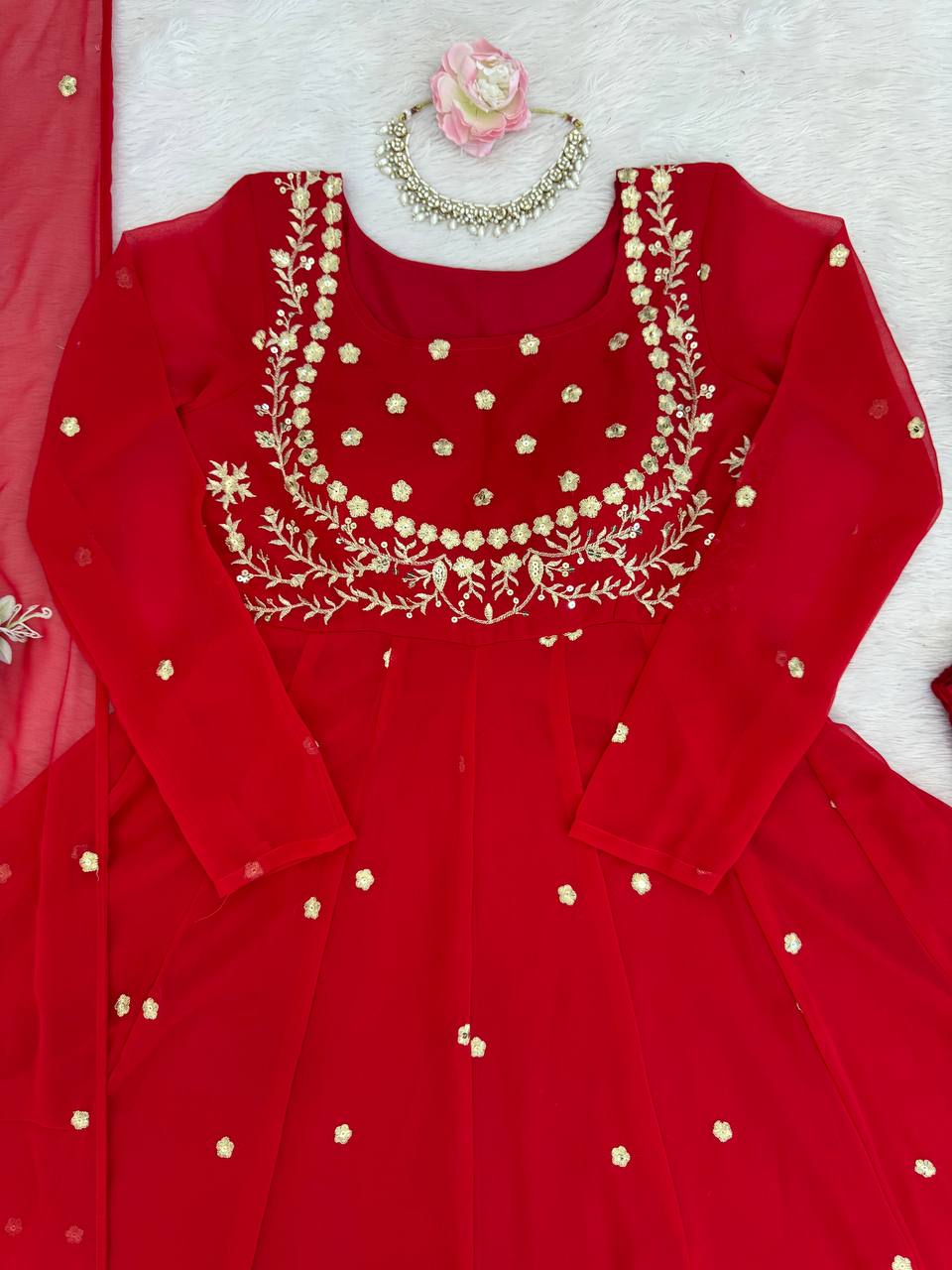 Red Heavy Faux Georgette Thread and Sequence Work Suit with Pant and Dupatta Set