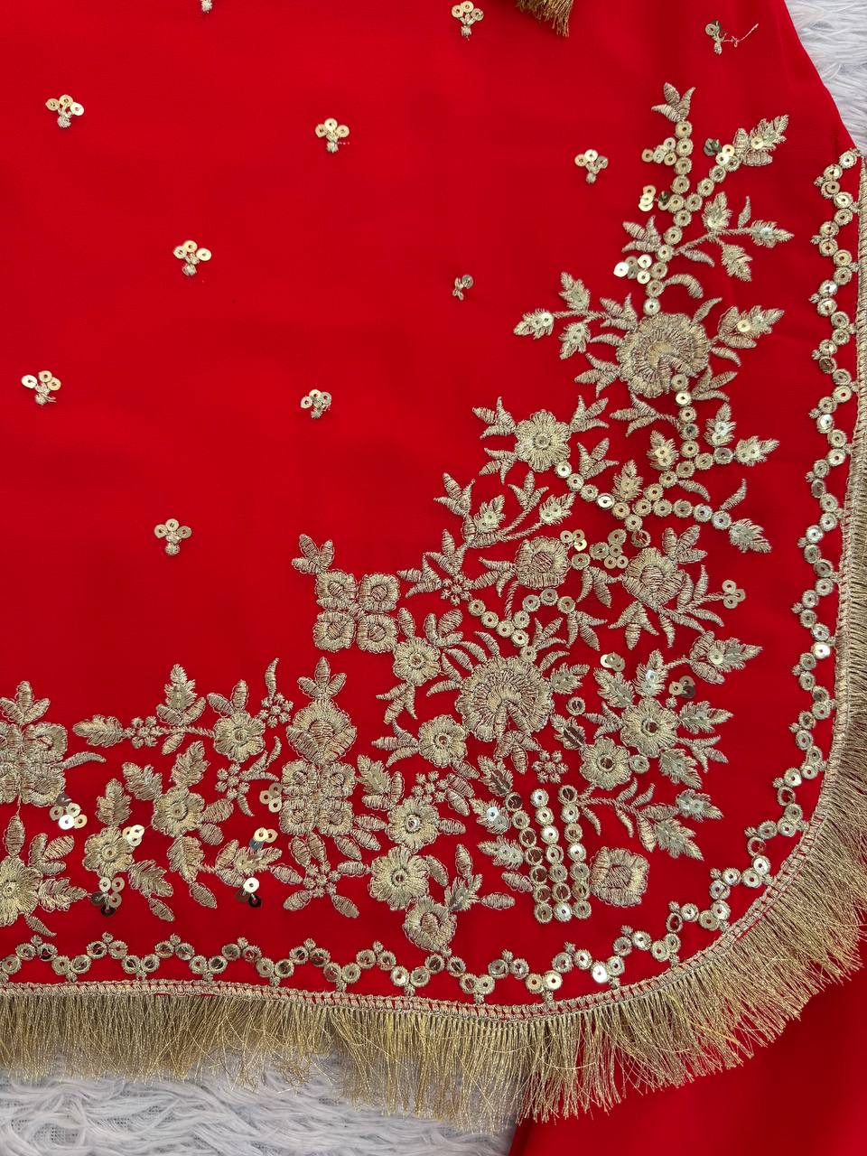 Red C by C Faux Georgette Thread and Sequence Work Sharara Set with Lace Dupatta