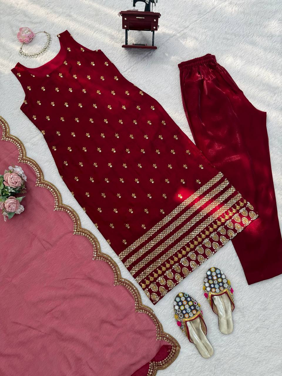 Maroon Roman Glass Thread and Sequence Work Top Pant Set with Organza Silk Dupatta