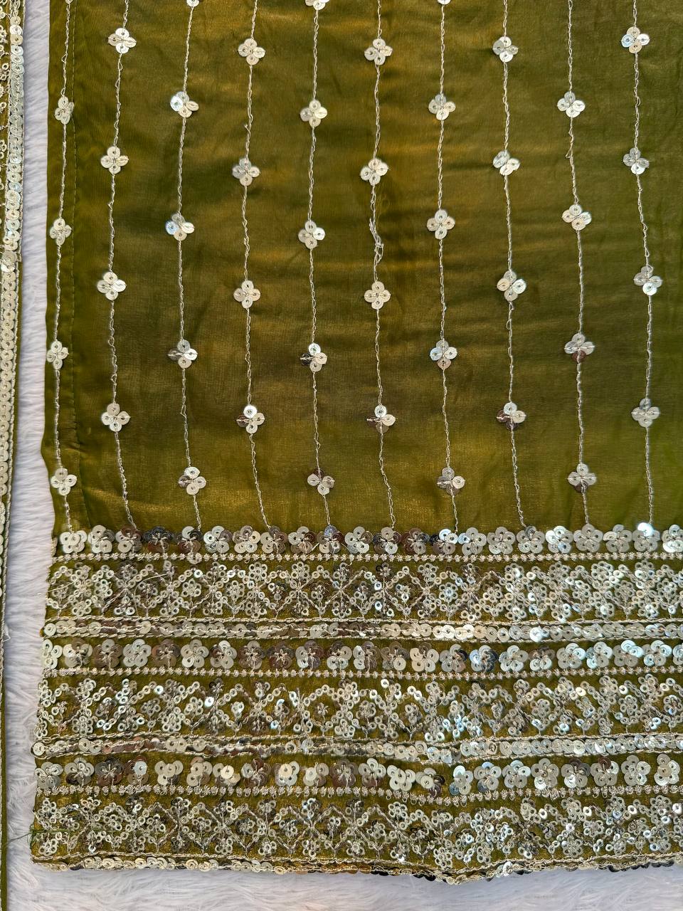 Mehndi Heavy Fendy Silk Thread and Sequence Work Top Pant Set with Dupatta