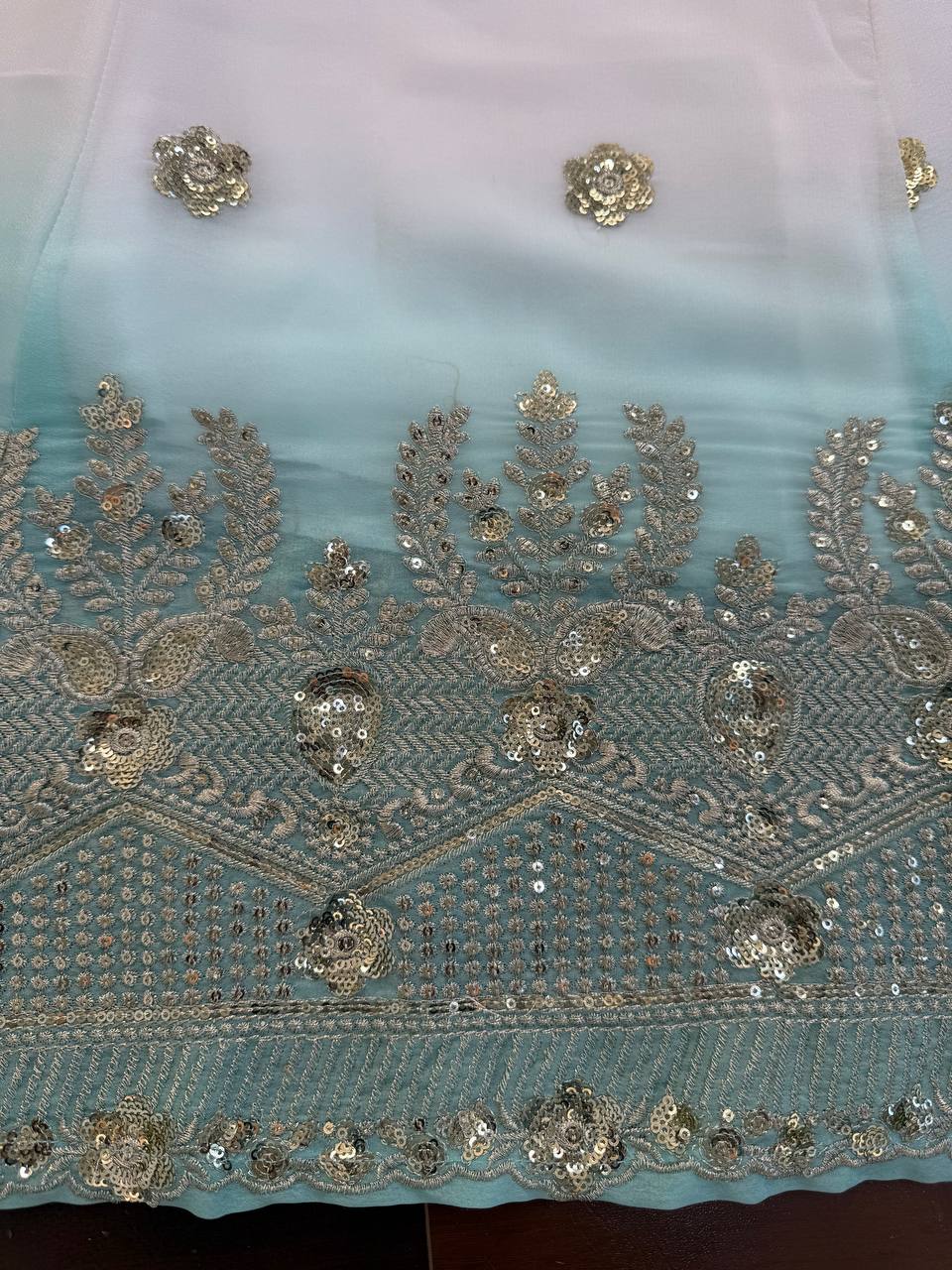 White And Rama Star Georgette Thread and Sequence Work Anarkali Set with Pant and Four-Side Border Dupatta