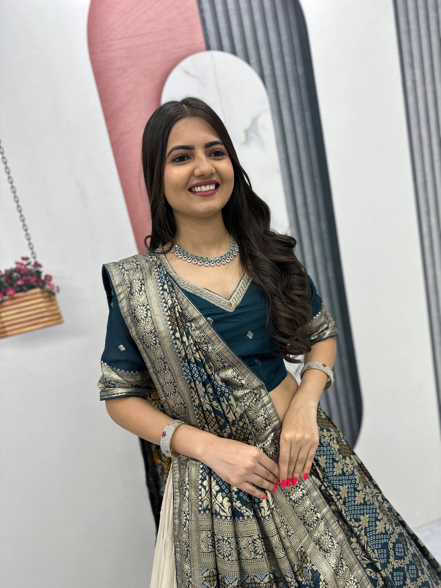Peacock Blue Pure Simar Silk Lehenga with Jacquard Silk Blouse and Saree