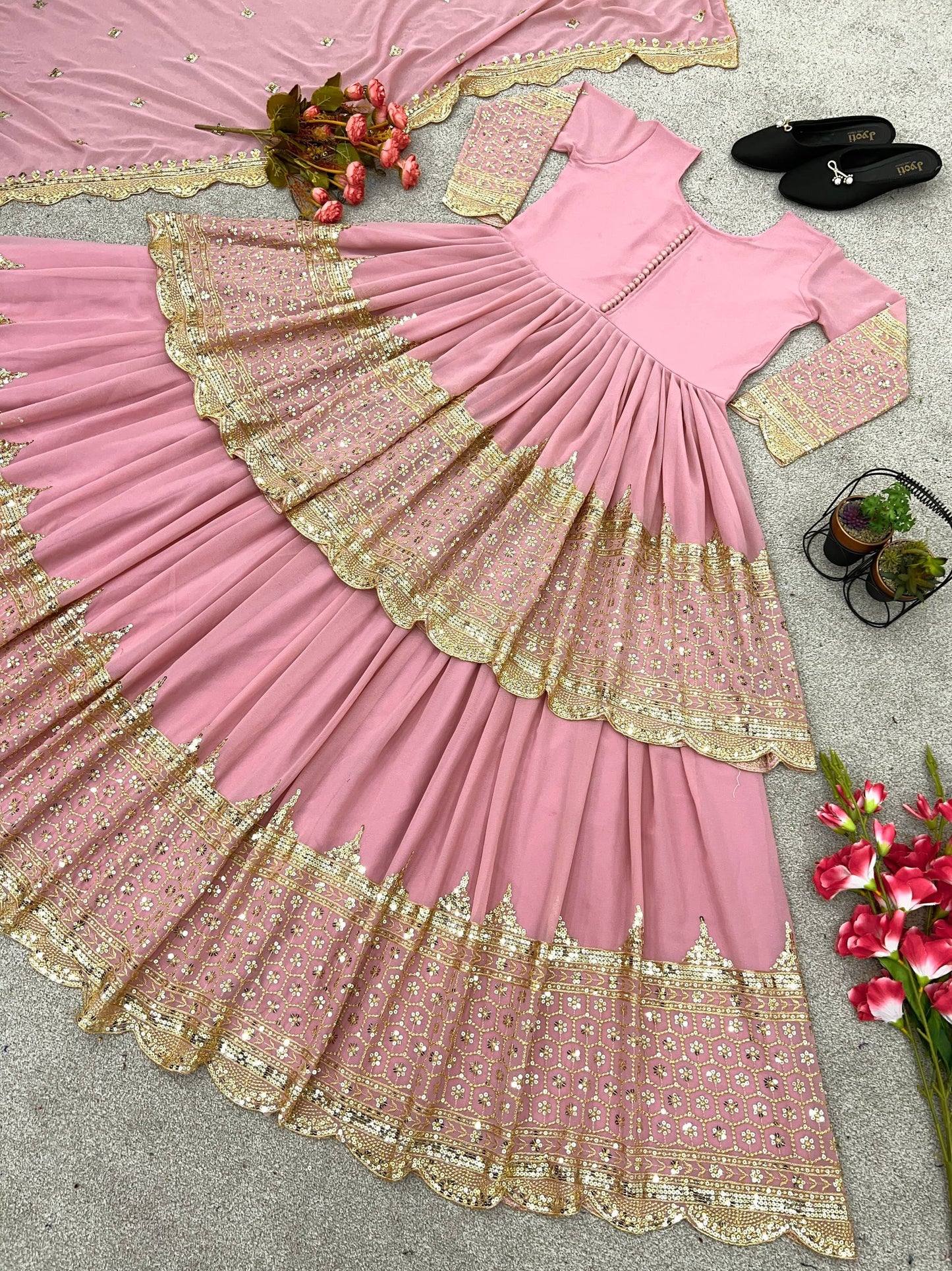 Light Pink Faux Georgette Heavy Embroidery Sequence Work Top with Semi-Stitched Lehenga and Dupatta