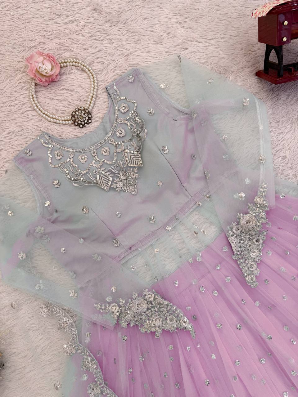 Light Pink Faux Georgette Thread and Sequence Work Gown with Lehenga Set