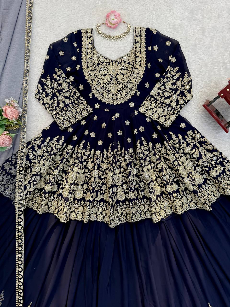 Black Faux Georgette Sequence Work Top with Lehenga and Butterfly Net Dupatta Set