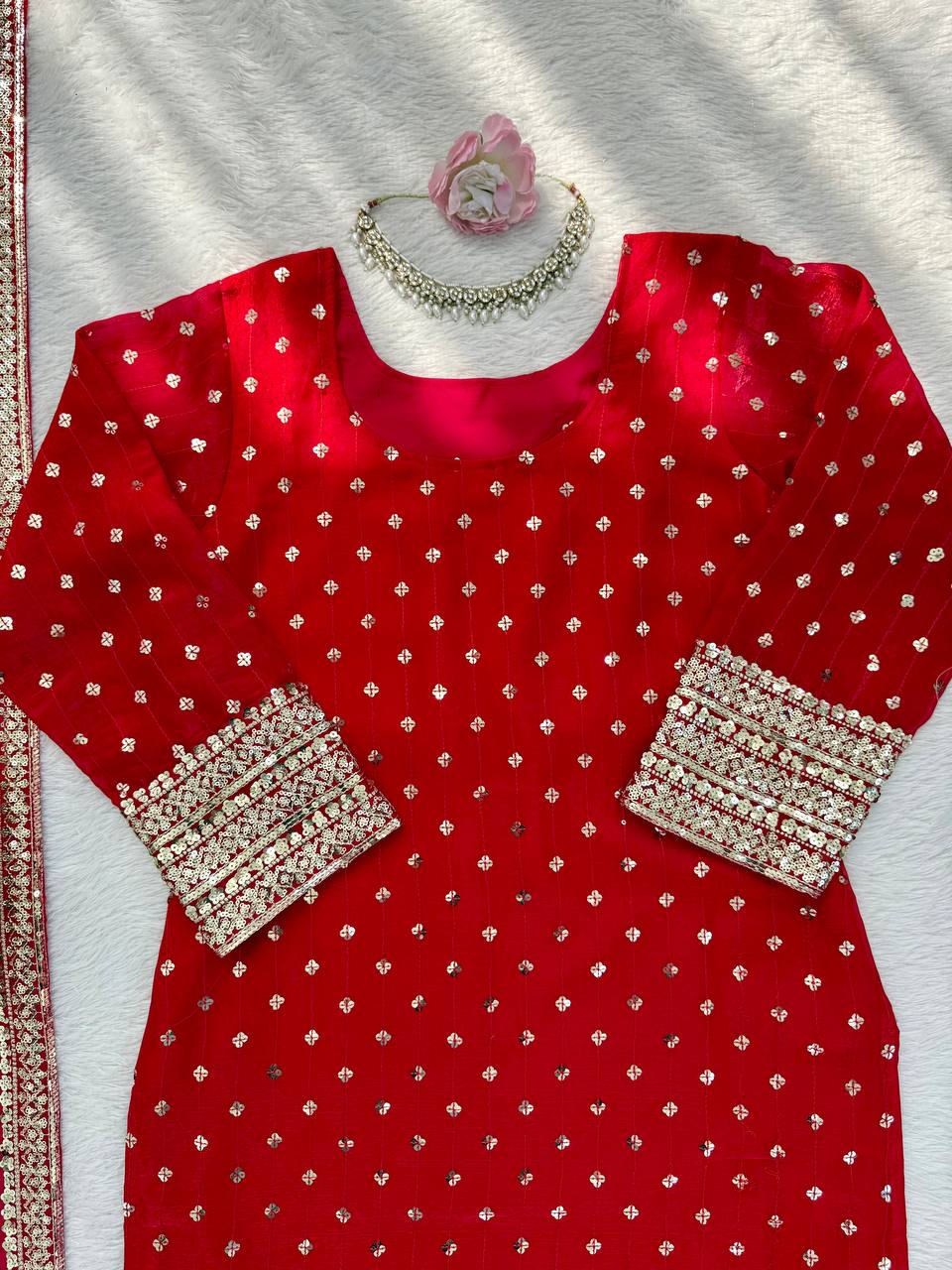 Red Silk Sequence Work Pant and Dupatta Set