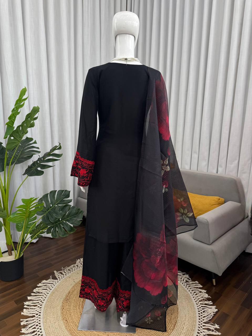 Black Base With Maroon Printed Dress