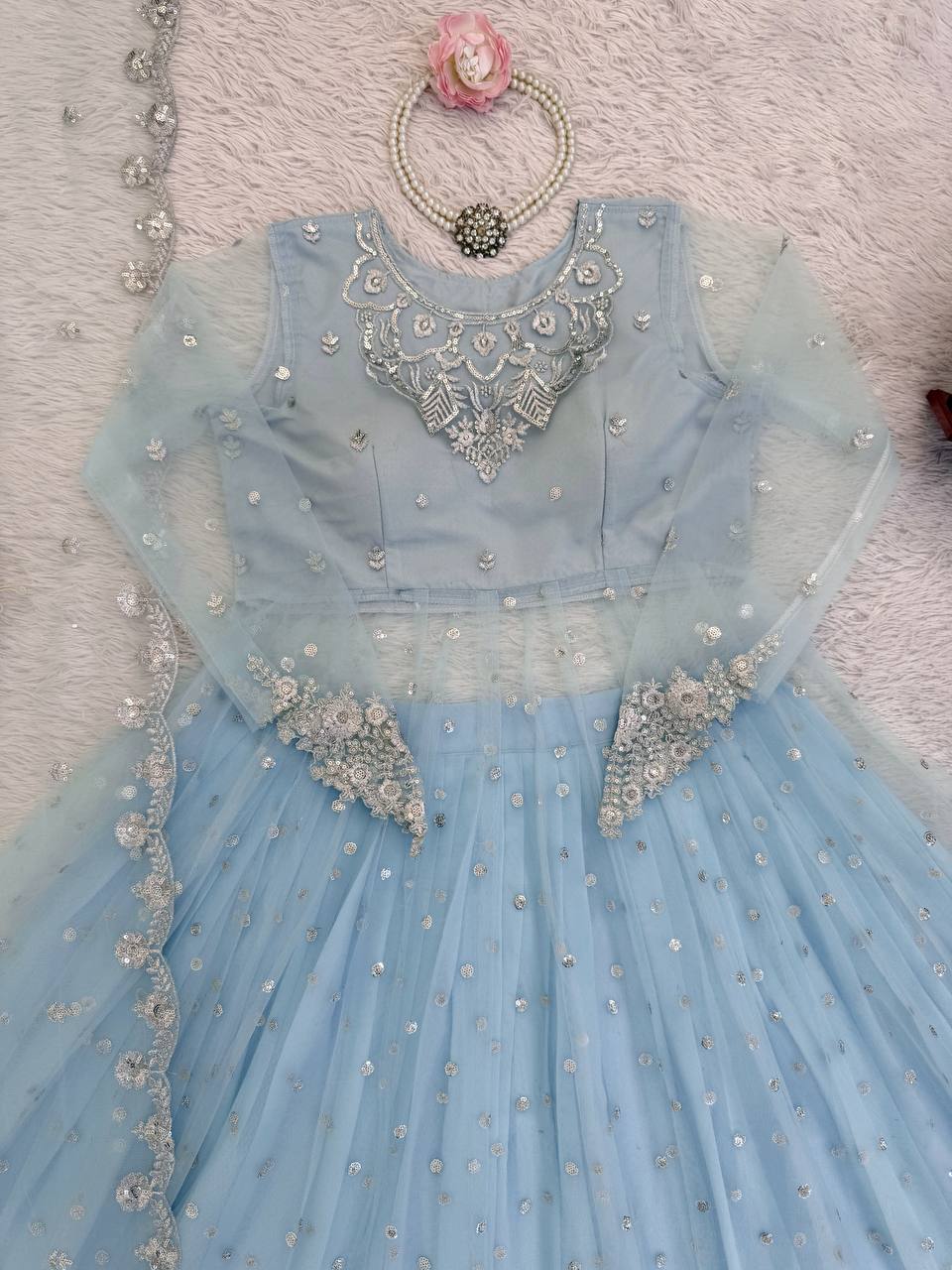 Moonlite Sand Faux Georgette Gown and Lehenga Set with Seqences and Butterfly Net Dupatta