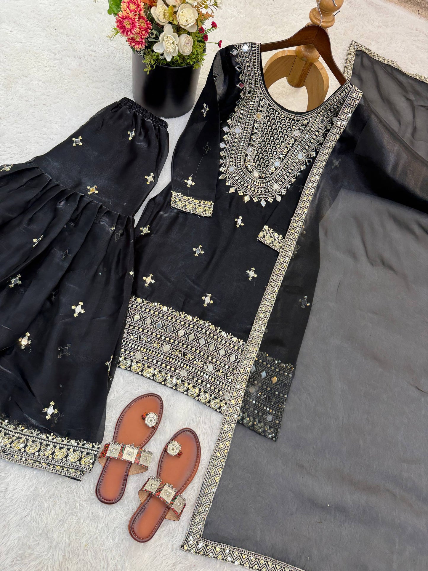 Midnight Black GMY Silk Embroidered Sharara Set with Mirror Work and Lace Border Dupatta