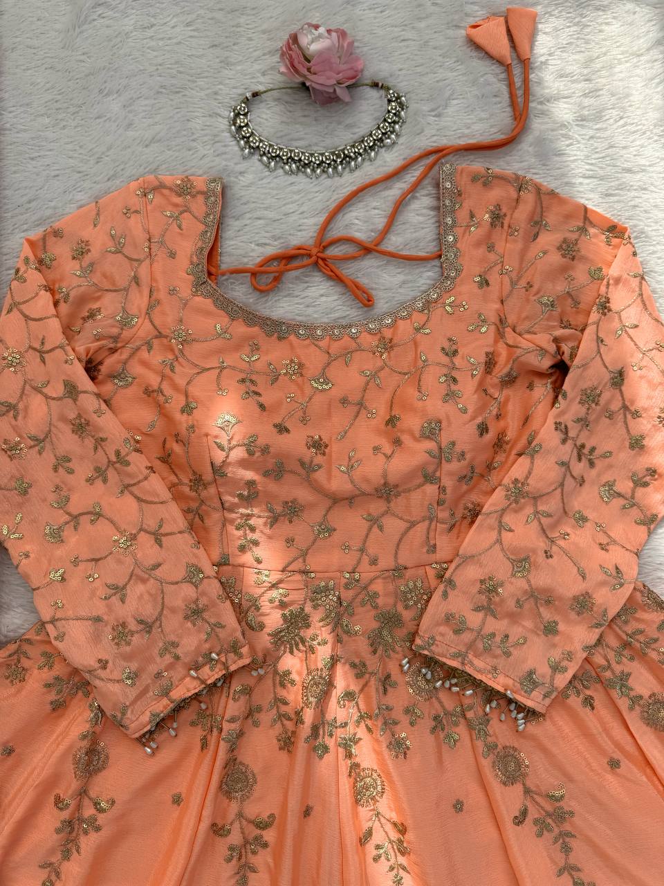 Orange colour Heavy Chinon Silk Thread and Sequence Work Gown with Lehenga and Dupatta Set