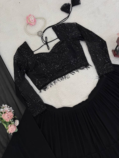 Black Faux Georgette Ruffle Style Lehenga Set with Butterfly Net Sequence Work Blouse