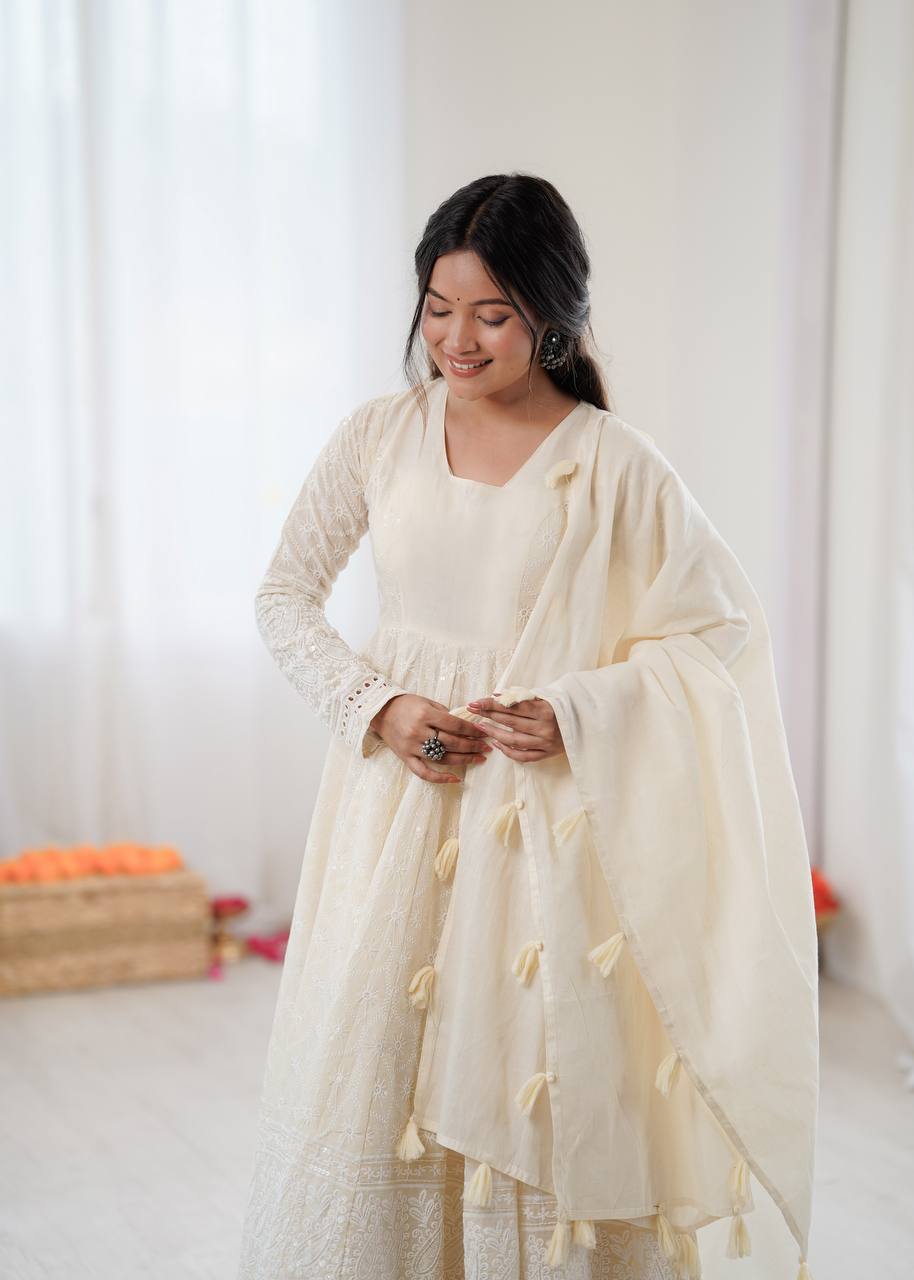 Beige Pure Kora Cotton Schiffli Work Anarkali Gown Set with Bottom and Dupatta