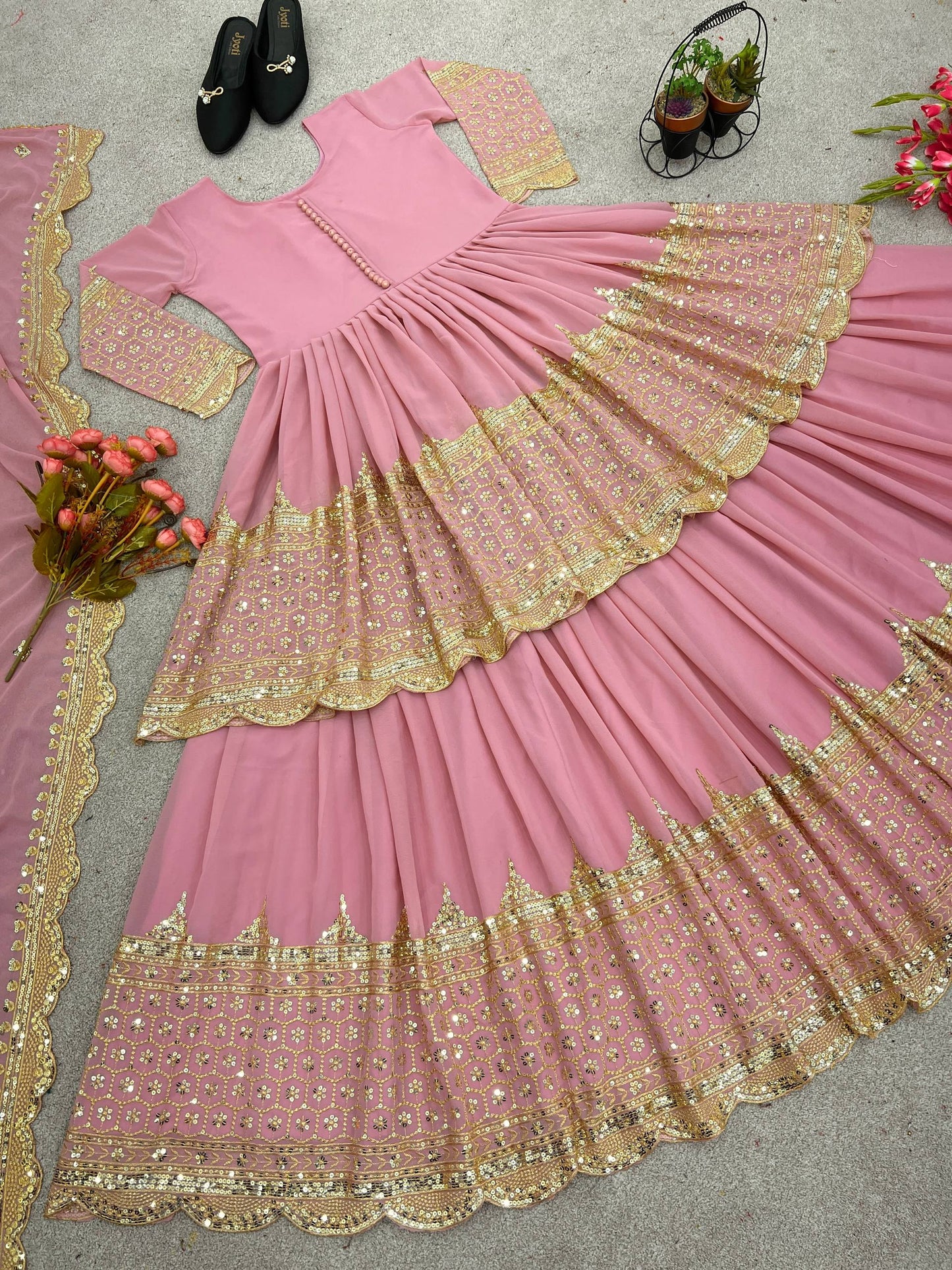 Light Pink Faux Georgette Heavy Embroidery Sequence Work Top with Semi-Stitched Lehenga and Dupatta
