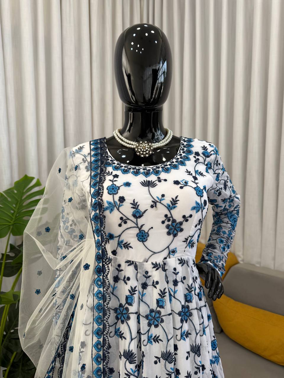 Blue And White Color Printed Anarkali Gown
