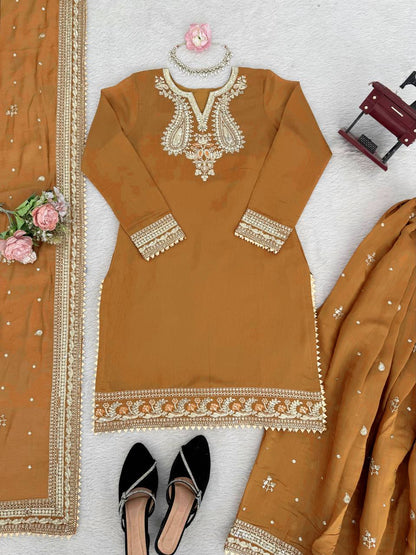 Gold Mustard Color Embroidered Kurta Sharara Set