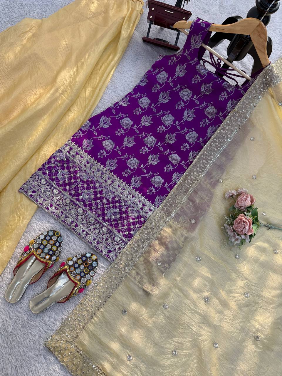 Purple Jequard Thread and Sequence Work Top with Crunchy Silk Palazzo and Four-Side Border Dupatta