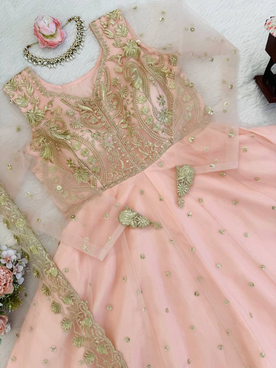Shehzadi Pink Faux Georgette Thread and Sequence Work Gown with Lehenga and Butterfly Net Dupatta