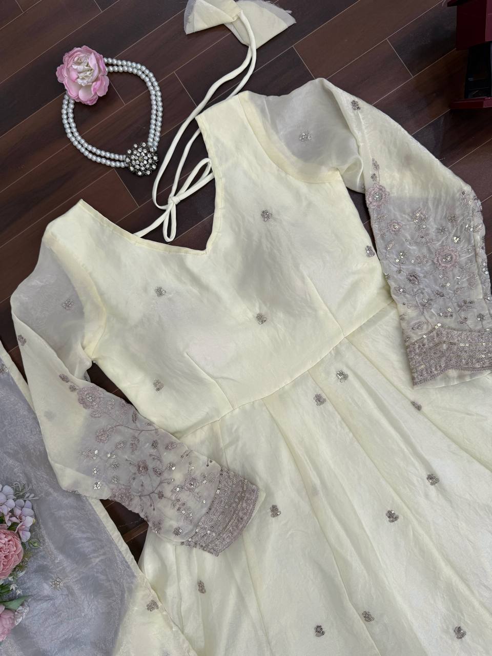 Ivory Cream Fendy Silk Thread and Sequence Work Anarkali Set