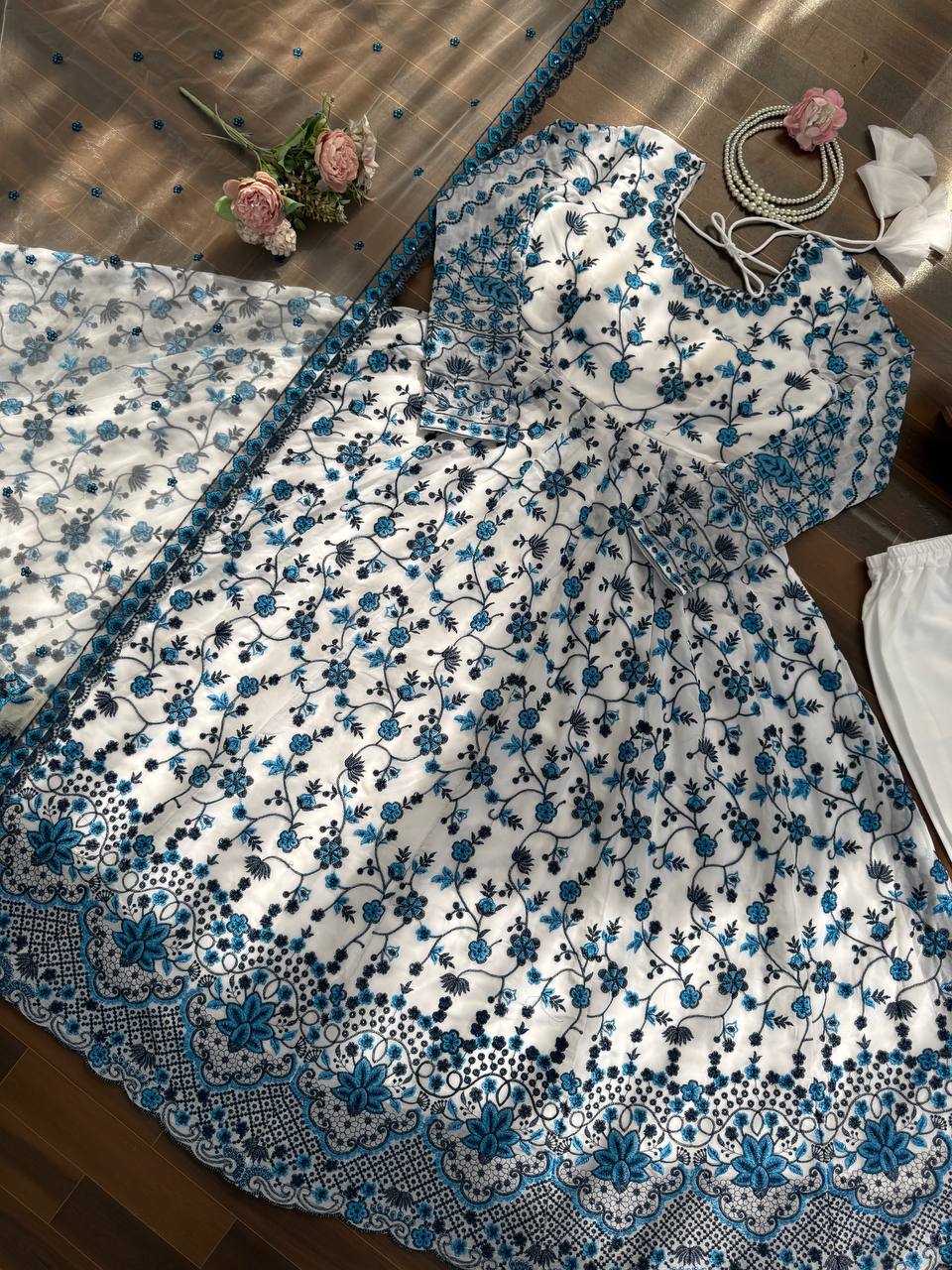 Blue And White Color Printed Anarkali Gown