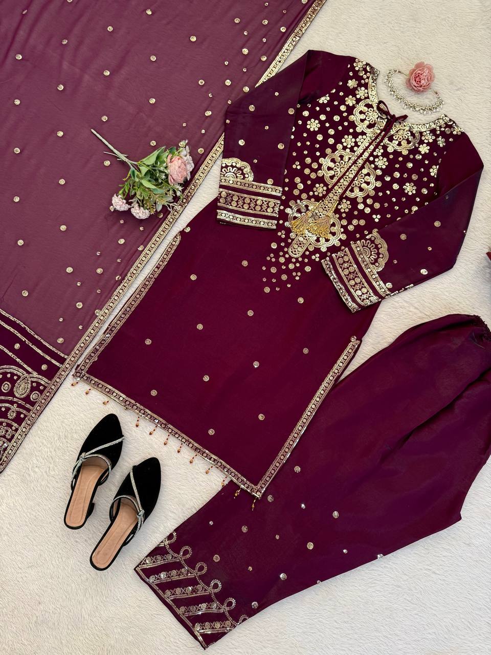 Deep Wine Embroidered Festive Suit Set