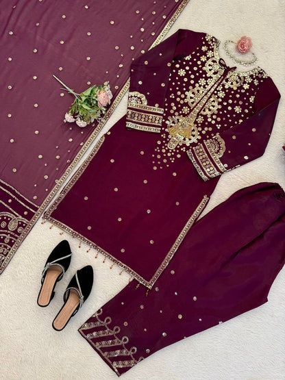 Deep Wine Embroidered Festive Suit Set