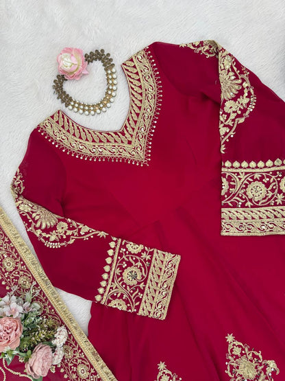 Royal Ruby Faux Georgette Embroidered Anarkali Set with Pant and Lace Border Dupatta