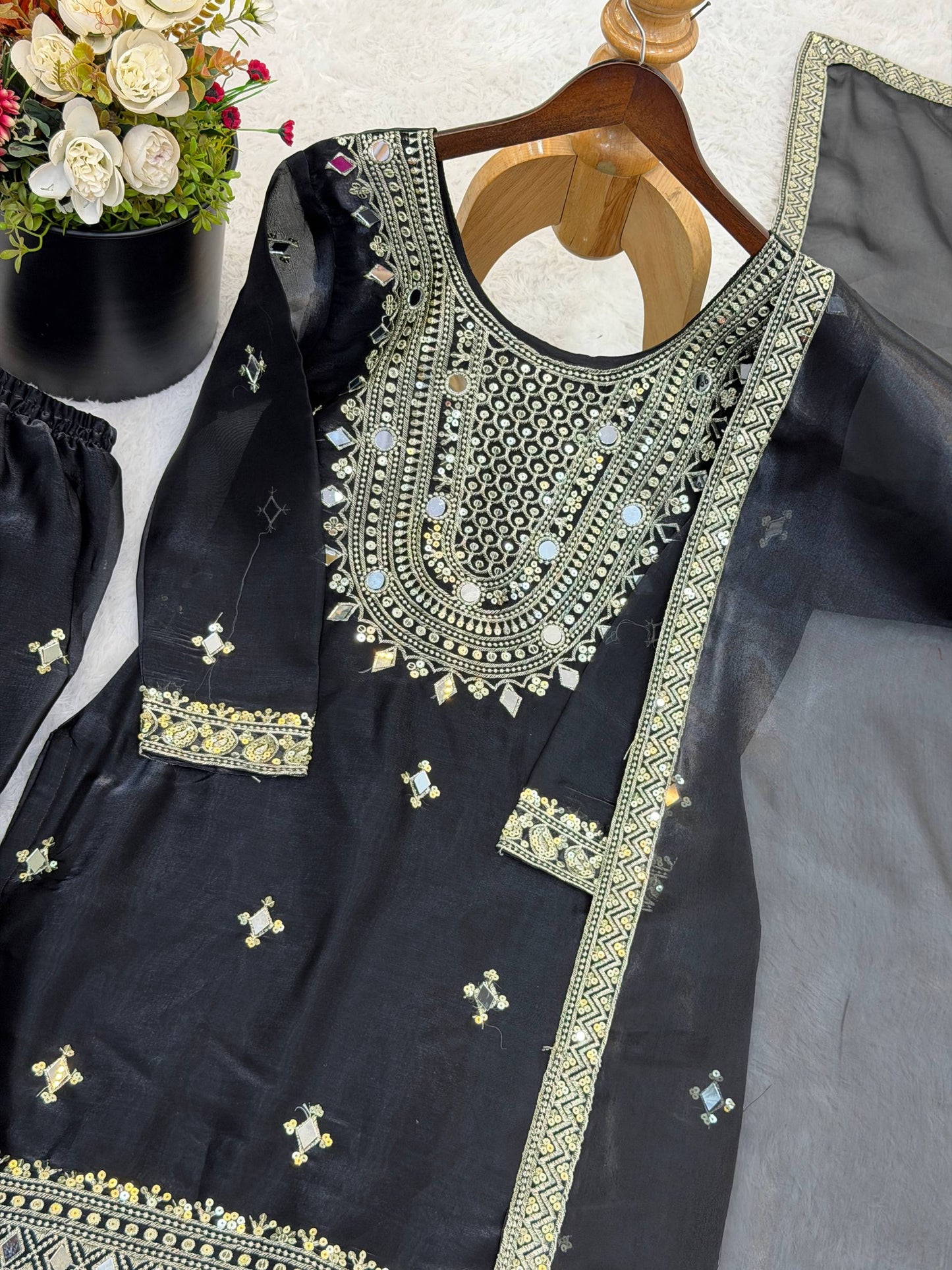 Midnight Black GMY Silk Embroidered Sharara Set with Mirror Work and Lace Border Dupatta