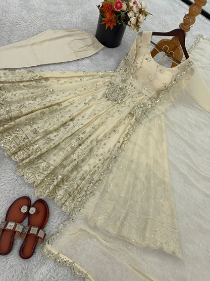Cream Crunchy Silk Embroidered Gown with Pant and Lace Border Dupatta Set