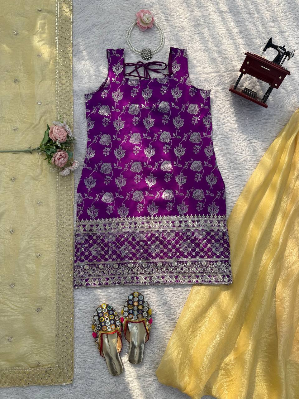 Purple Jequard Thread and Sequence Work Top with Crunchy Silk Palazzo and Four-Side Border Dupatta