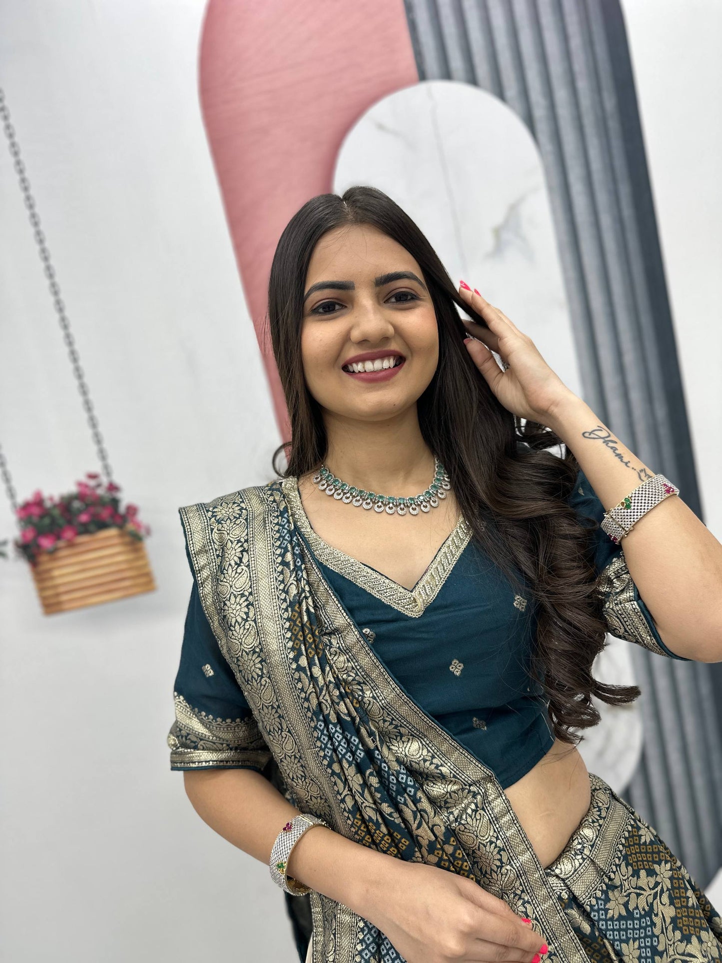 Peacock Blue Pure Simar Silk Lehenga with Jacquard Silk Blouse and Saree