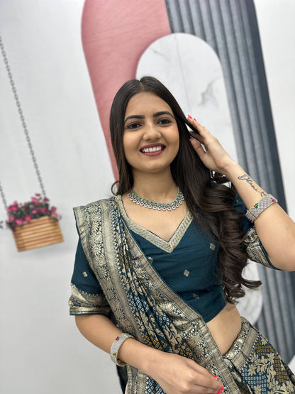 Peacock Blue Pure Simar Silk Lehenga with Jacquard Silk Blouse and Saree