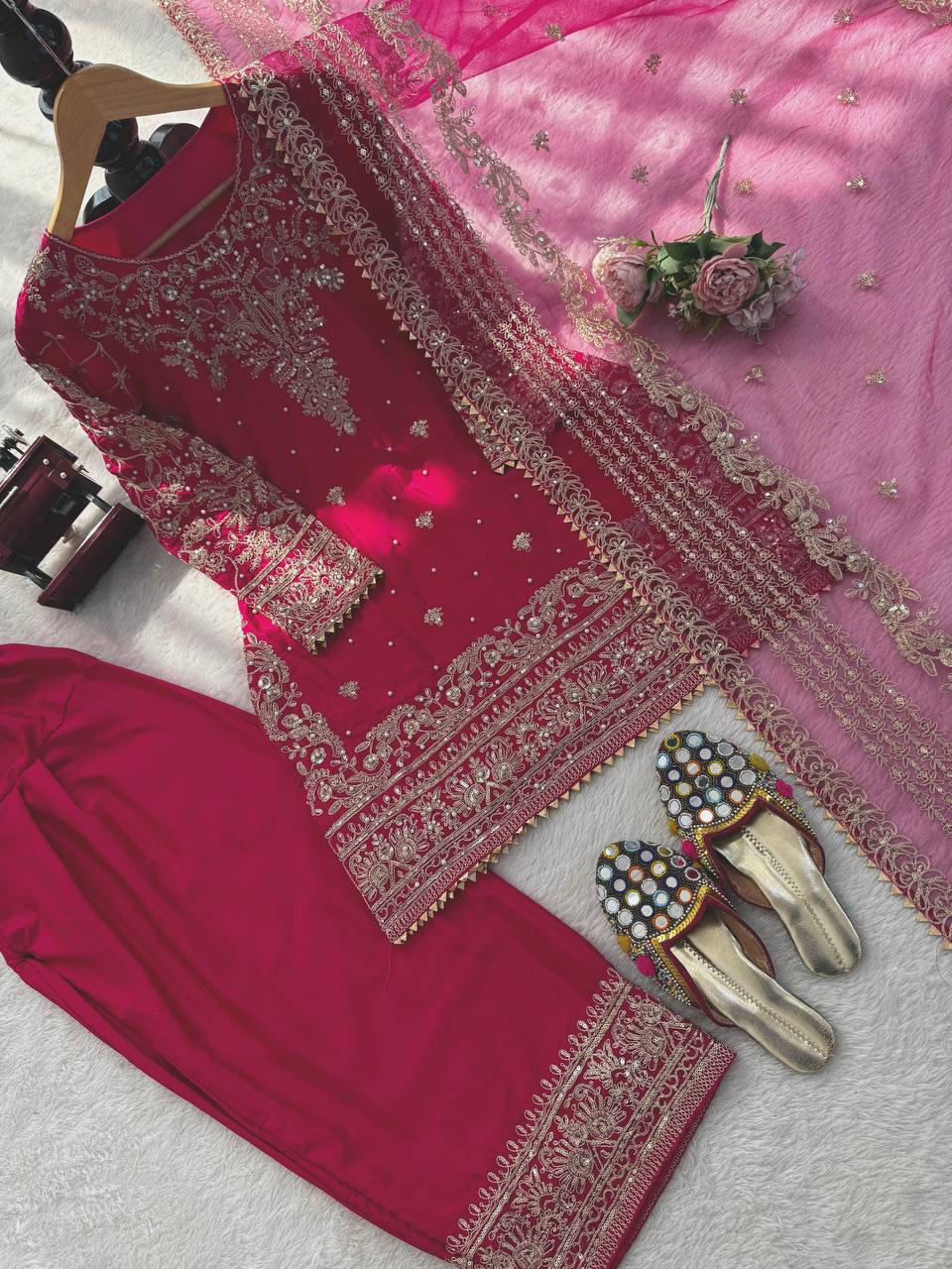 Royal Rani Pink Natural Crepe Thread and Sequence Work Top with Farshi Salwar Set