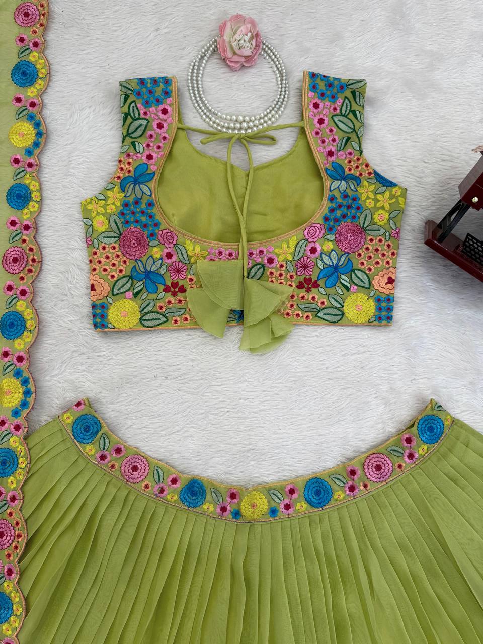Multicolor Green Embroidery Lehenga Choli Set