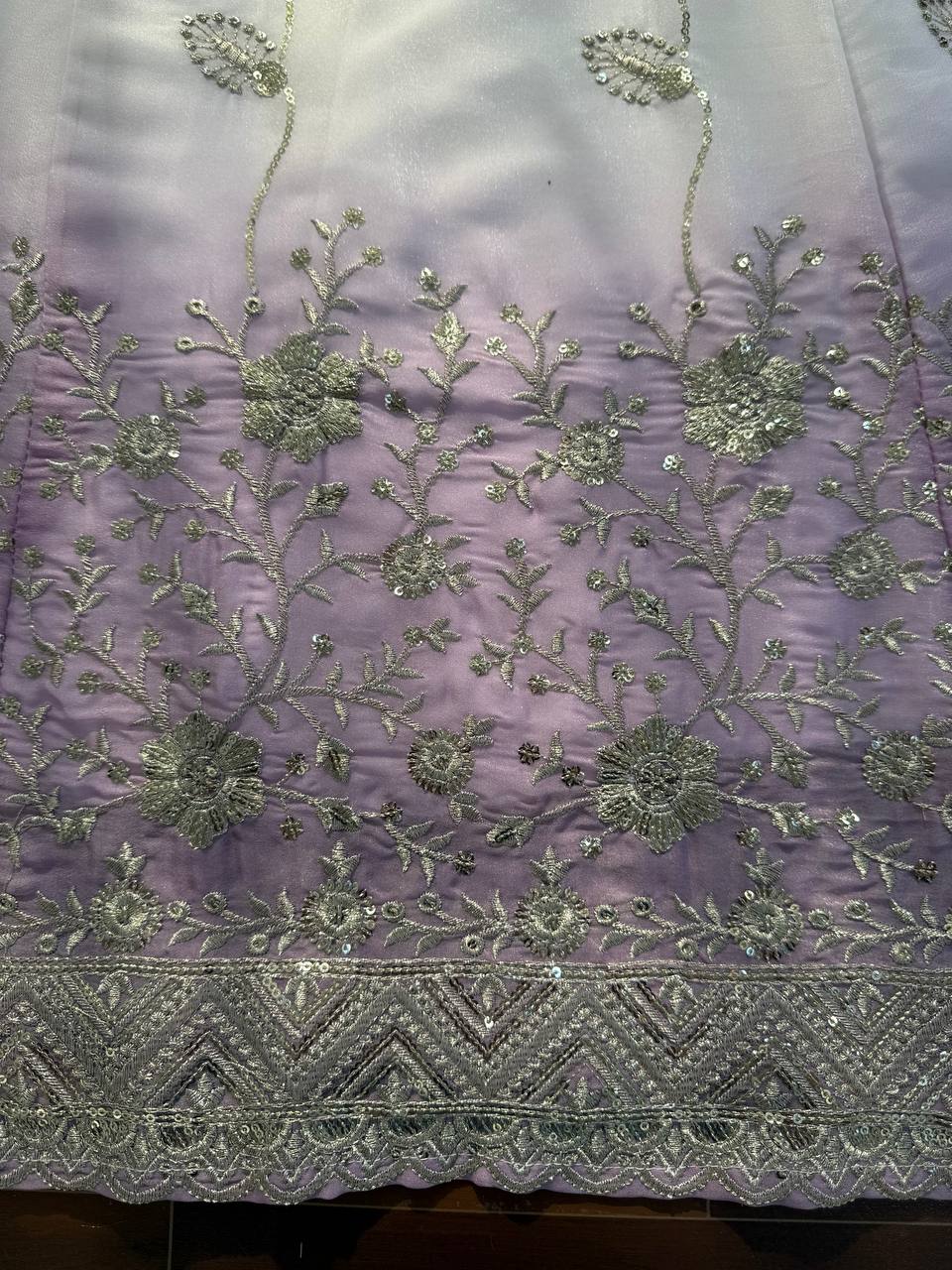 White And Purple Star Georgette Thread and Sequence Work Anarkali Set with Pant and Four-Side Border Dupatta