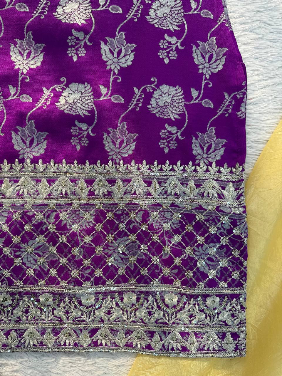 Purple Jequard Thread and Sequence Work Top with Crunchy Silk Palazzo and Four-Side Border Dupatta