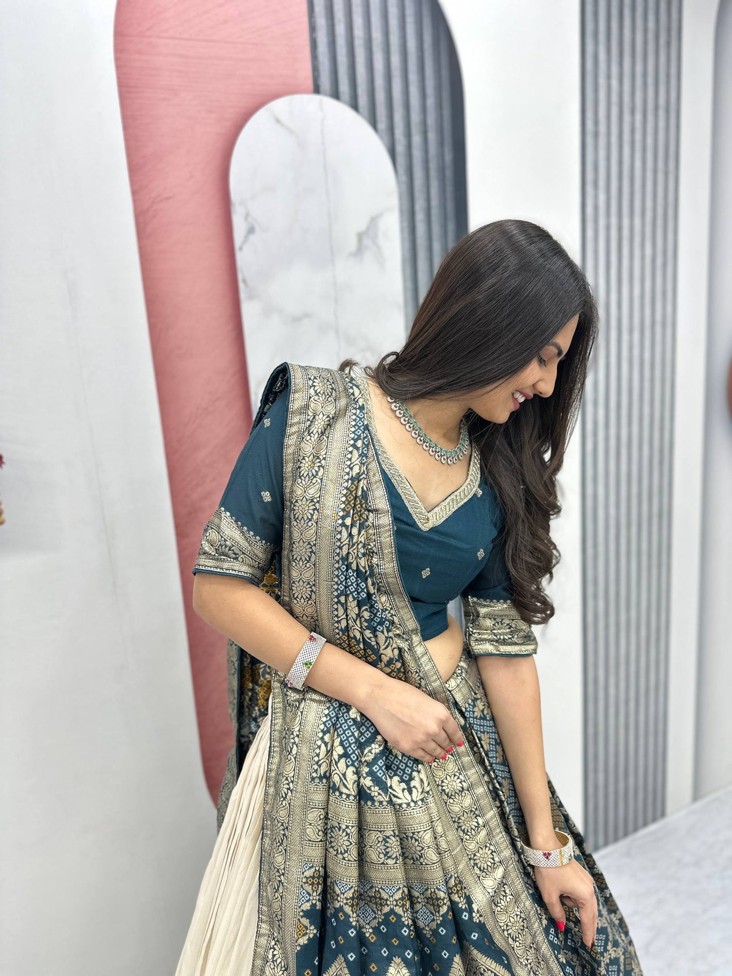 Peacock Blue Pure Simar Silk Lehenga with Jacquard Silk Blouse and Saree