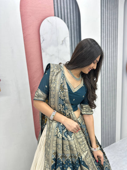 Peacock Blue Pure Simar Silk Lehenga with Jacquard Silk Blouse and Saree