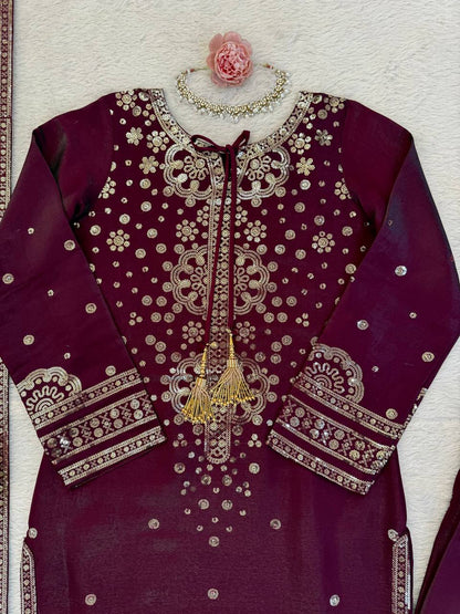 Deep Wine Embroidered Festive Suit Set