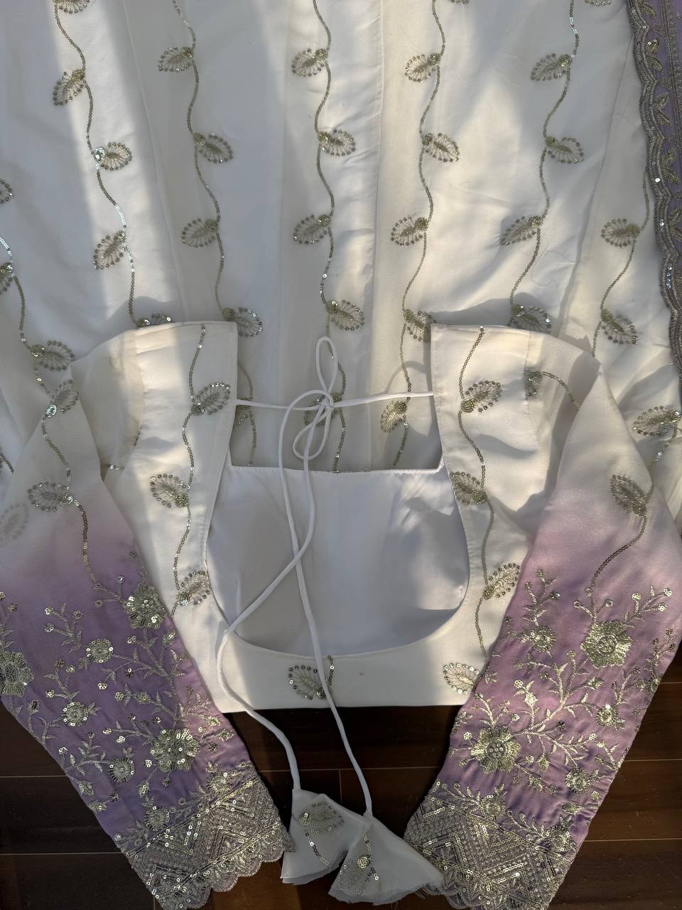 White And Purple Star Georgette Thread and Sequence Work Anarkali Set with Pant and Four-Side Border Dupatta