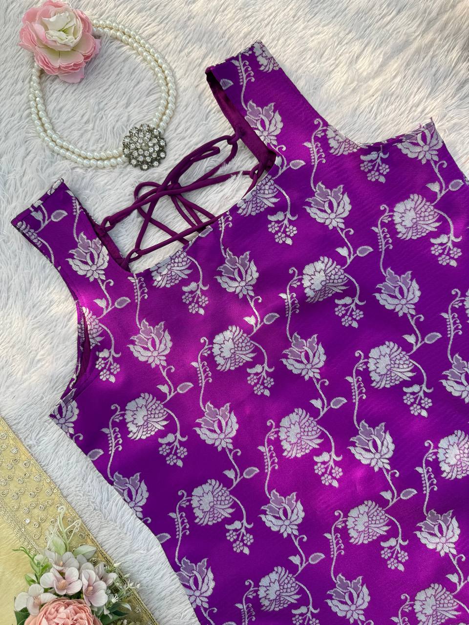 Purple Jequard Thread and Sequence Work Top with Crunchy Silk Palazzo and Four-Side Border Dupatta