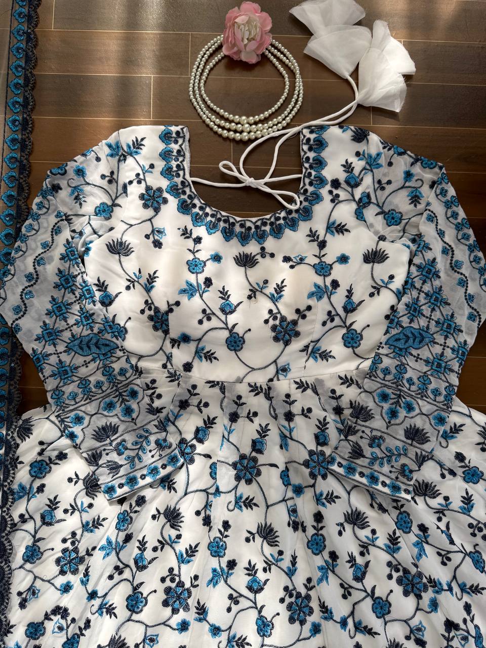 Blue And White Color Printed Anarkali Gown