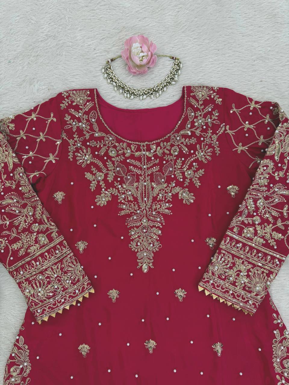 Royal Rani Pink Natural Crepe Thread and Sequence Work Top with Farshi Salwar Set
