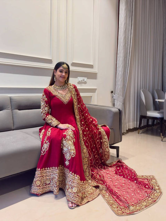 Royal Ruby Faux Georgette Embroidered Anarkali Set with Pant and Lace Border Dupatta