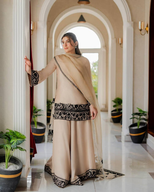 Almond Blush Natural Crepe Thread Work Top and Pant Set with Organza Silk Dupatta