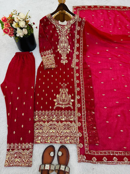 Deep Rose Ember Crunchy Silk Embroidered Top and Pant Set with Lace Border Dupatta
