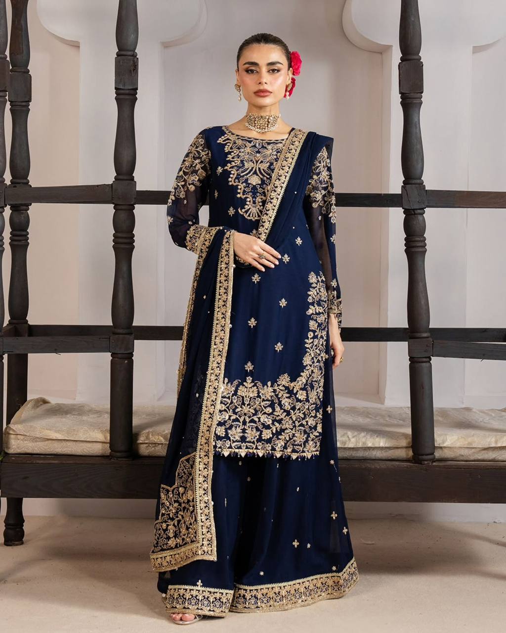 Mughal Blue GMY Silk Sequence Embroidered Top and Plazzo Set with Dupatta